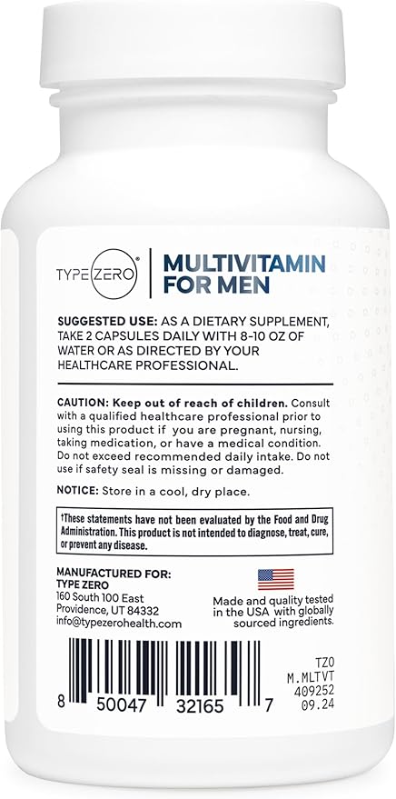 Type Zero Multivitamin Capsules for Men (120 Capsules) (1200 mg) - Gluten-Free, 60 Servings