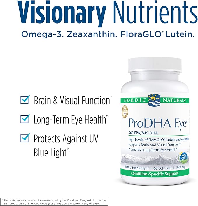 Nordic Naturals ProDHA Eye - Fish Oil, 360 mg EPA, 845 mg DHA, 20 mg FloraGLO Lutein, 4 mg Zeaxanthin, Support for Neurological Function and Long-Term Eye Health*, 60 Soft Gels
