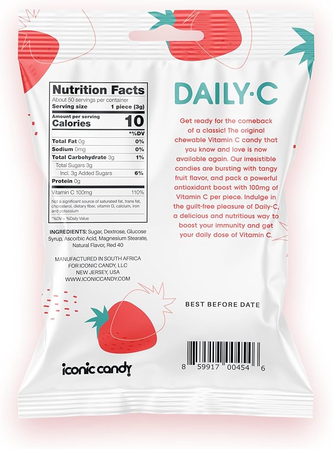 Chewable Vitamin C Strawberry Chewable Candy | 100MG of Vitamin C in Each Piece | Brought to You by Iconic Candy (Strawberry, 5.3oz Peg Bag)