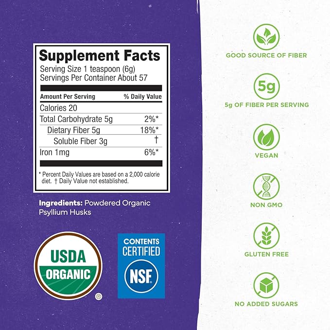 Konsyl Organic Psyllium Husk Powder, 5g of Plant Based Soluble Fiber per Serving – USDA Organic, Non-GMO, Gluten Free, Sugar Free, Vegan, 12 Ounce (Pack of 1)