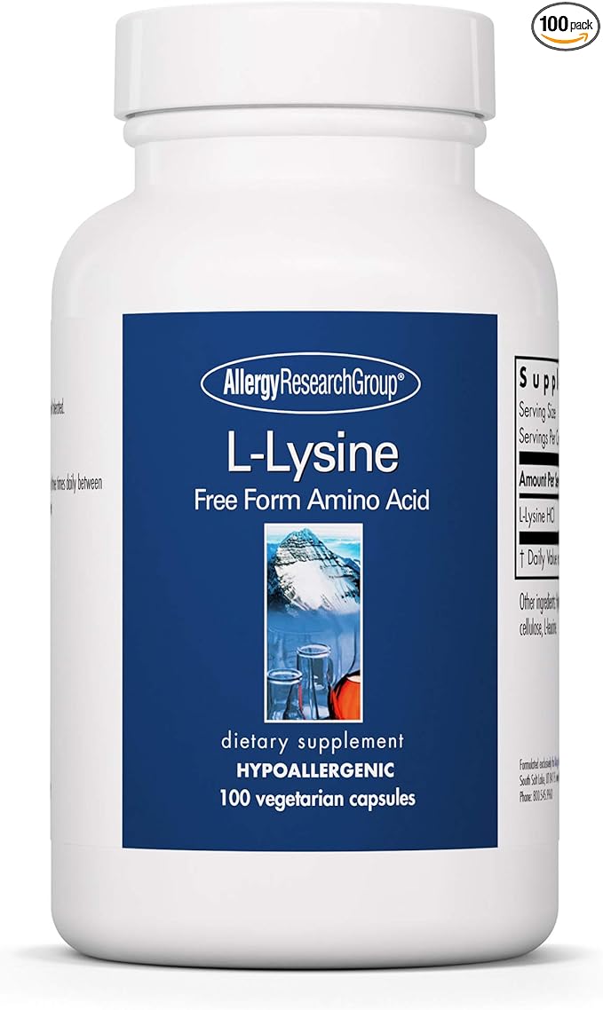 Allergy Research Group L-Lysine - Immune Support, L-Lysine HCI, Free Form Amino Acid, 500mg Supplement, Pure, Organic, Vegetarian Capsules - 100 Count