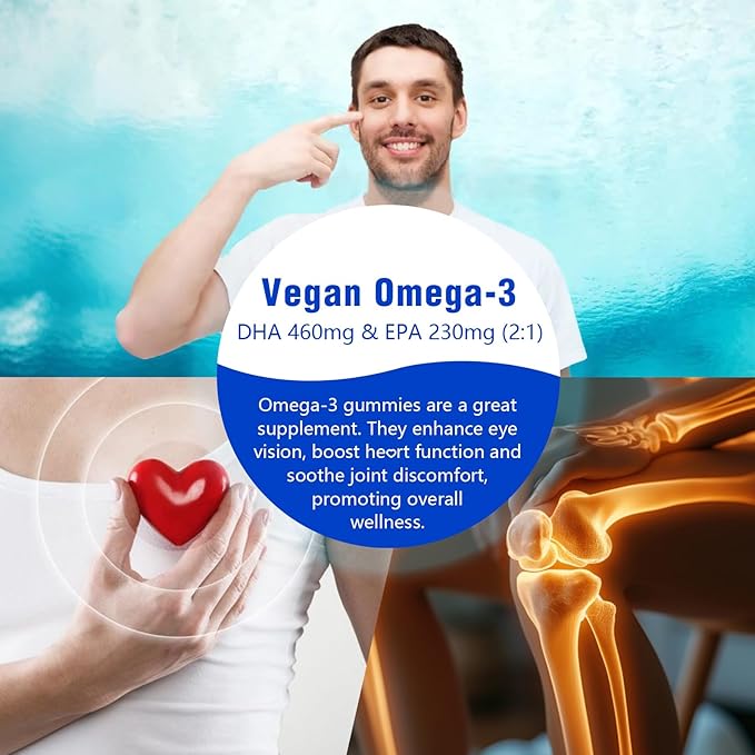 2 Pack Omega-3 Gummies Potent Algae Omega Source, Boost Brain, Eye & Immune Function, with DHA and EPA Vegan & Sugar Free, Orange Flavor, 120 Count