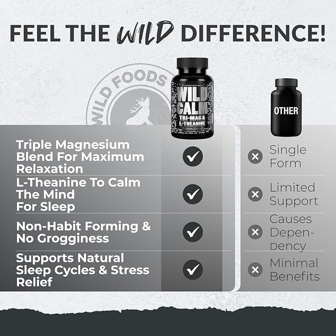 Wild Foods Tri-Mag & L-Theanine – Triple Magnesium Complex for Sleep w/L Theanine – Magnesium Glycinate, Malate, Taurate – 100% Natural – 60 Capsules