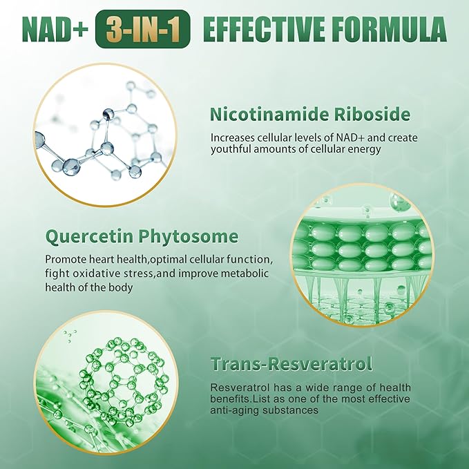 NAD Supplement, NAD Nicotinamide Riboside 900 Mg for Men and Women, Liposomal NAD+ Supplement with Nicotinamide Riboside, Resveratrol & Quercetin, Energy, Boost NAD+, 100 Capsules
