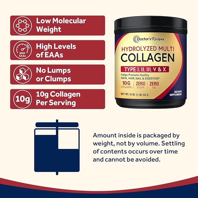 Doctor's Recipes Multi Collagen Peptides Powder for Women & Men, Grass-Fed Bovine Hydrolyzed Protein Type I II III V X, for Skin, Hair, Nails, Unflavored, Easy to Dissolve, Paleo & Keto, 16oz