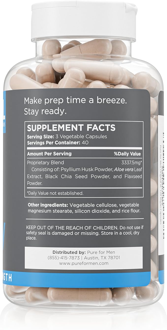Pure for Men Stay Ready Fiber Extra Strength Supplement | Digestive Regularity | Bowel Movement & Gut Health Support | Vegan Cleanliness | Proprietary Formula | 120 Vegan XL Capsules