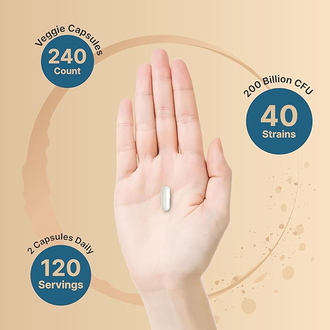 Probiotic 200 Billion CFU – 40 Strains Per Serving | 240 Veggie Capsules with Prebiotics and Probiotics for Digestive Health – Gut Health & Bloating Support | Daily Probiotics for Women & Men