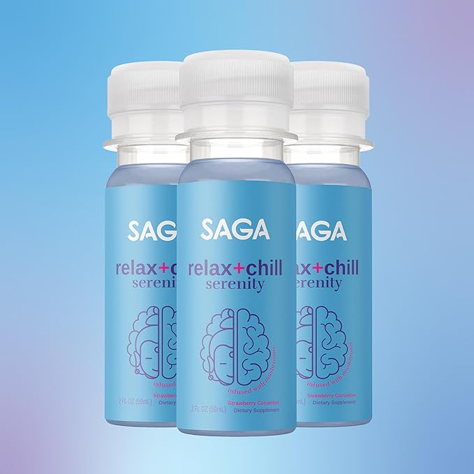 SAGA Organic Relaxation Shots | Contains Adaptogens & Mushrooms - Lion's Mane & Kava | High Bioavailability & Fast Onset | Elevate Mood & Reduce Fatigue | Strawberry Cucumber 2oz Shots (18-Pack)