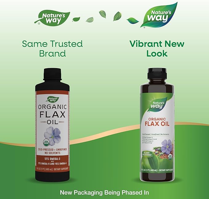 Nature's Way Organic Flax Oil, USDA Certified Organic, Omega-3, 6, 9, Cold Pressed, 16 Fl Oz (Packaging May Vary)