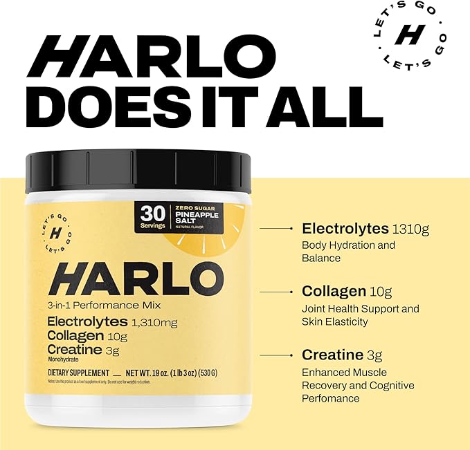 Harlo - Watermelon Salt Electrolyte Drink Mix w/Bovine Collagen & Creatine - Creatine Monohydrate Powder - Energy Drink Powder - Pre Workout Powder - Sugar Free Energy Drinks - Post Workout Recovery