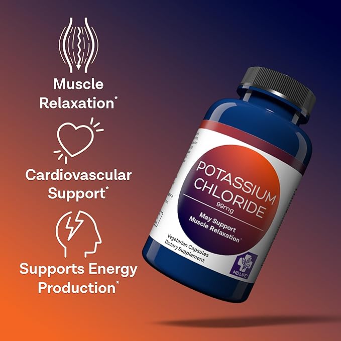 MD Life Potassium Chloride Supplement - Third Party Lab Tested - 99mg 90 Count - Potassium Chloride Capsules May Help Support Muscle Function & Healthy Blood Pressure Vegetarian Potassium Supplement