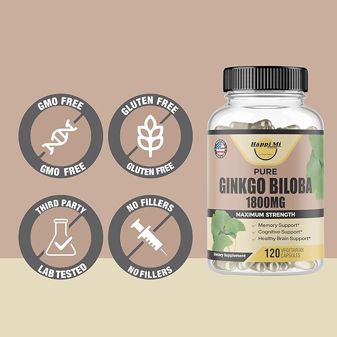 Ginkgo Biloba 1800mg, Ginkgo Biloba Organic, Memory & Brain Function Support, Improves Concentration and Cognitive Support, Clarity, 120 Veggie Caps, Non GMO, 120Caps