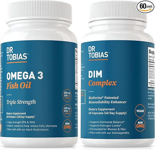 Dr. Tobias Omega 3 Fish Oil and DIM Complex Supplements, Supports Heart, Brain Immune Function and Hormone Balance for Women & Men with BioPerine, Borccoli Extract & Calcium D-Glucarate, 60 Capsules