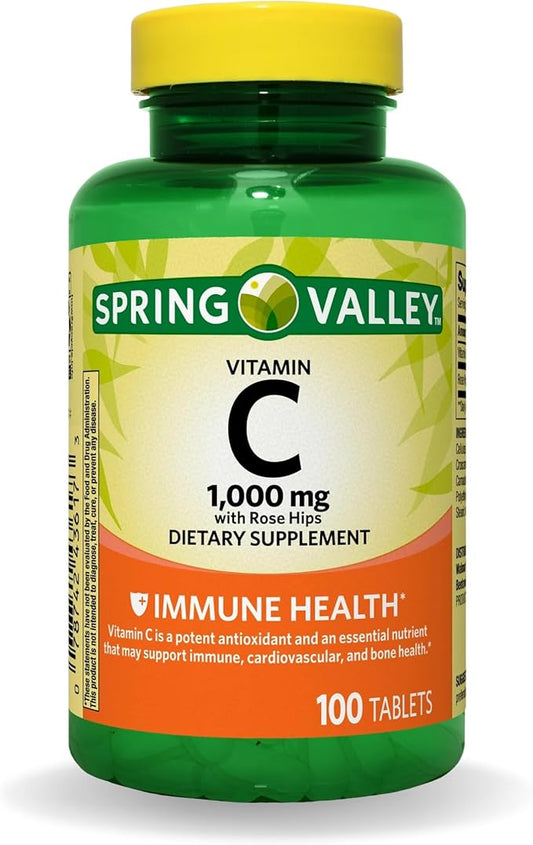 Spring Valley Vitamin C 1000mg with Rose HIPS Tablets Dietary Supplement, Antioxidant Protection, 100 Count (Pack of 1)
