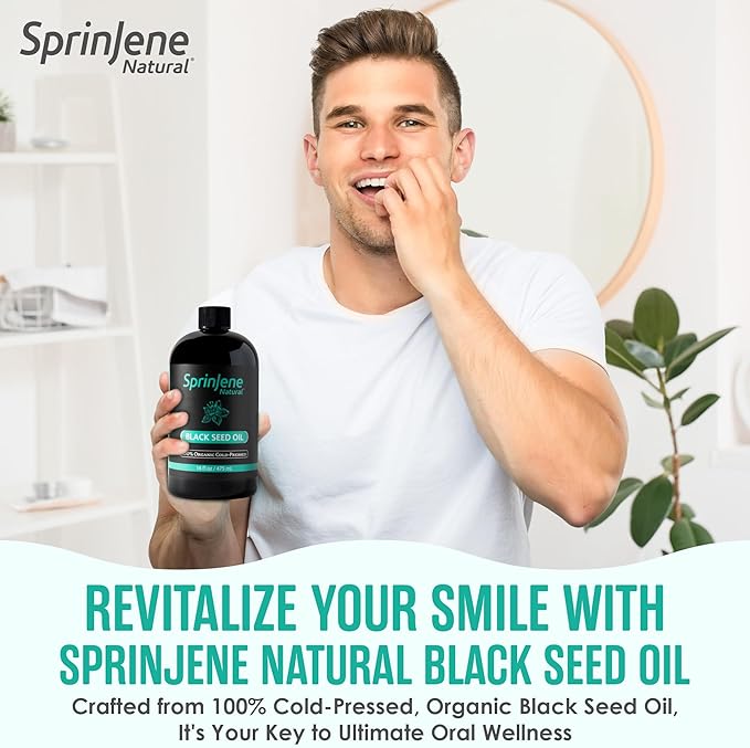 SprinJene Naturalยฎ 100% Pure Organic Black Seed Oil Cold Pressed for Oral Wellness, Nigella Sativa Black Seed Oil, Black Cumin Seed Oil Organic, Omega 3 6 9, Nourishes Skin, Supports Joint, 16 fl oz