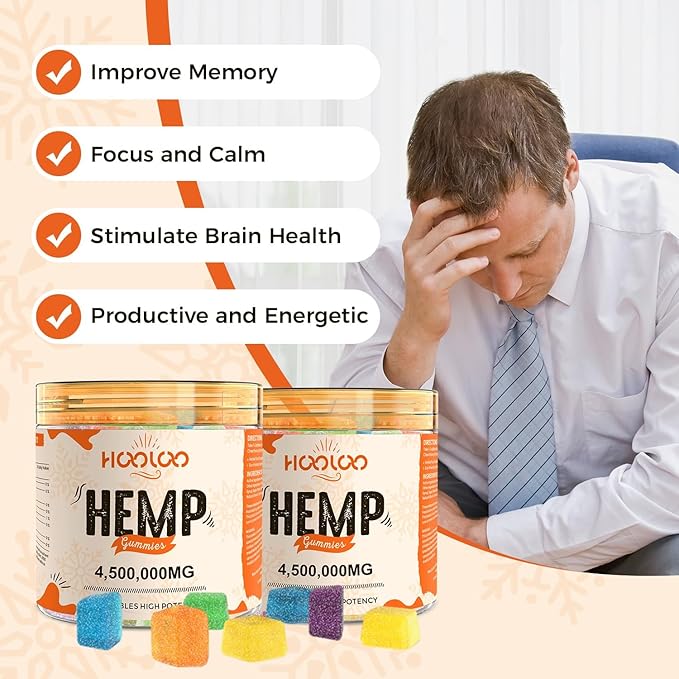 HOOLOO Hemp Gummies for Deep Bedtimes, Unwind, Focus - 6 Fruity Flavors Big Cubes Gummy Infused Vitamins Omega 3 - Extra Stength 4,500,000mg for Adults - Made in USA