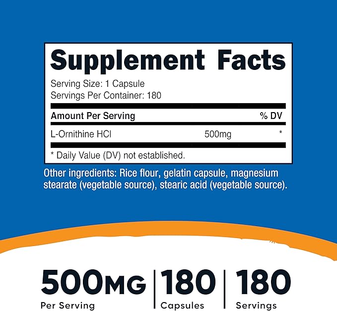 Nutricost L-Ornithine 500mg; 180 Capsules (2 Bottles)