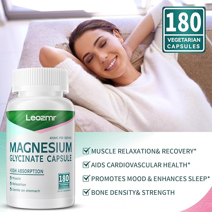 Magnesium Glycinate 400 MG per Serving 100% Chelated for High Absorption, Gentle On Stomach, Non-GMO, 180 Vegetarian Capsules