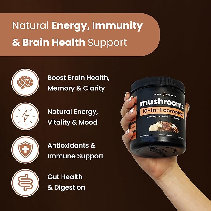 NutraChamps Organic Mushroom Powder - 10-in-1 Complex - Mushroom Supplement Powder Blend for Memory, Focus & Immune Support - 8oz (8.0 OZ, Mushroom Blend)