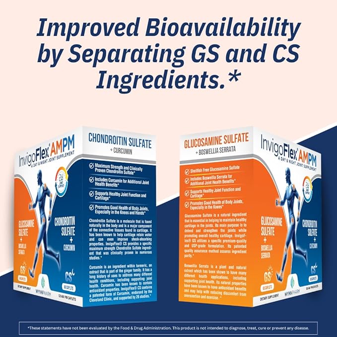 INVIGOFLEX Glucosamine & Chondroitin Sulfate - Turmeric Curcumin - Boswellia Serrata (Non GMO) 24 - Hour Premium Joint Supplement AMPM - 3 Pack