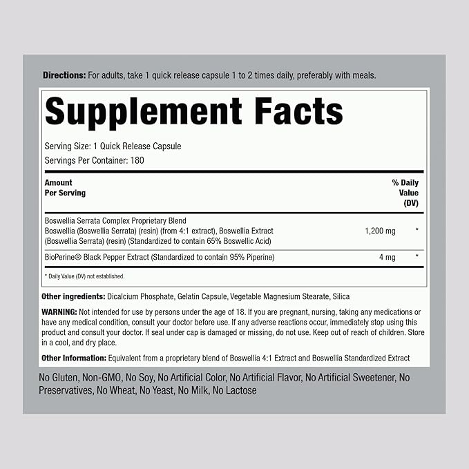 Piping Rock Boswellia Extract Capsules | 1200mg | 180 Count | Herbal Supplement | Standardized Complex | Non-GMO, Gluten Free
