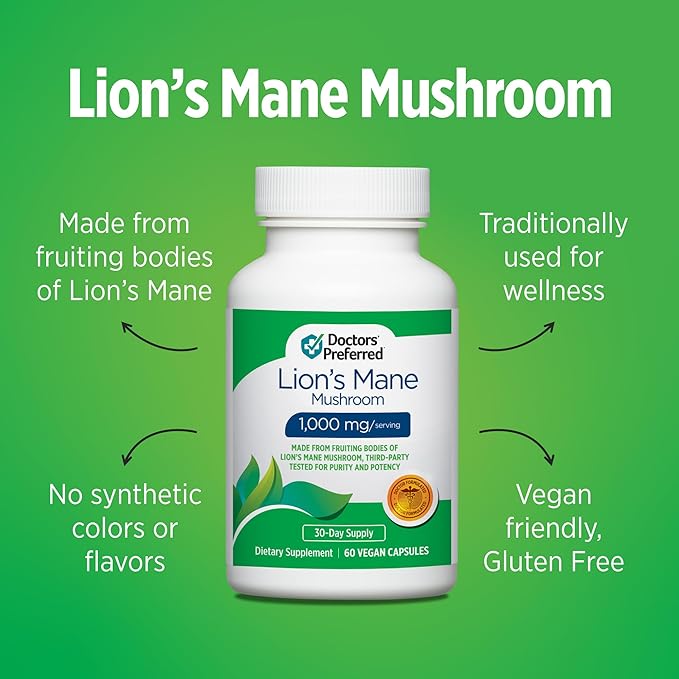 DOCTORS' PREFERRED Lions Mane Mushroom Supplement - 1,000 mg/Serving, 60 Vegan Capsules for Brain Health and Overall Daily Wellness. (30-Day Supply)