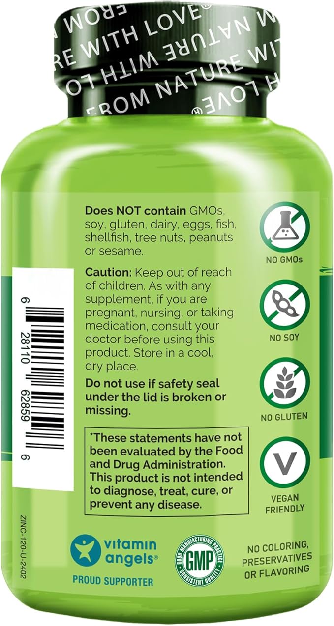 NATURELO Vegan Zinc Immune Support Capsules - Whole Food Complex with Vitamin C for Healthy Skin, Hair, and Nails - 120 Capsules