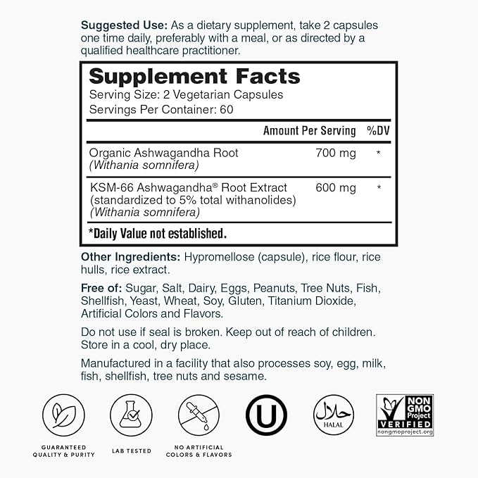 Nature's Lab Extra Strength Ashwagandha KSM 66 Extract - 5% Withanolides, Pure Organic Ashwagandha Root Powder - Supports Stress Relief, Focus and Strength Support* - 120 Ct (60 Day Supply)