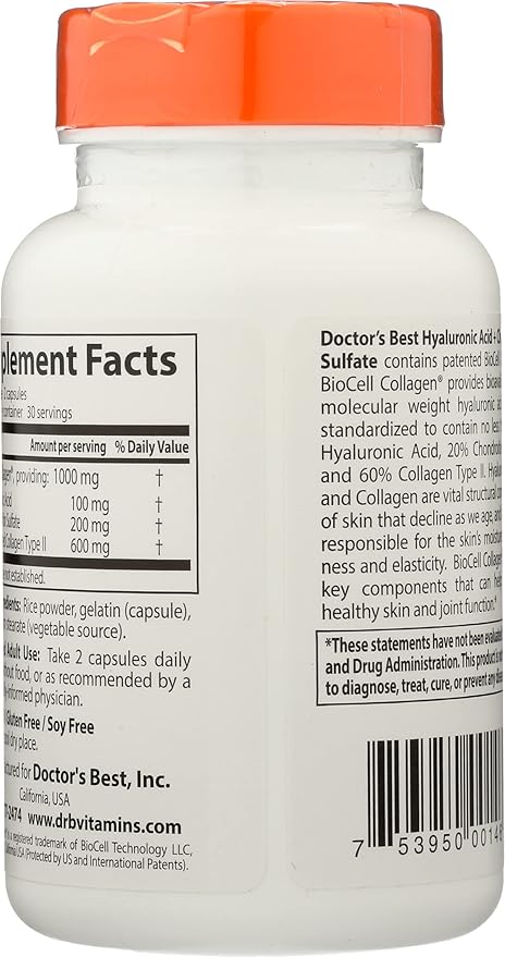 Doctors Best Hyaluronic Acid + Chondroitin Sulfate with BioCell Collagen, Non-GMO, Vegan, 60 Capsule (Pack of 1)