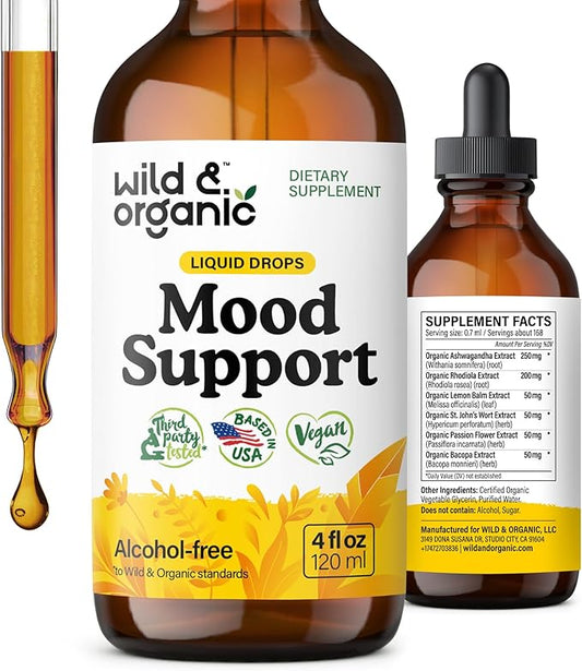 Wild & Organic Mood Support Supplement - Natural Liquid Drops for Positive Energy - Calm Mind Supplement for Women and Men - Non-Alcohol Ashwagandha & Rhodiola Rosea Root Tincture for Good Mood - 4 oz