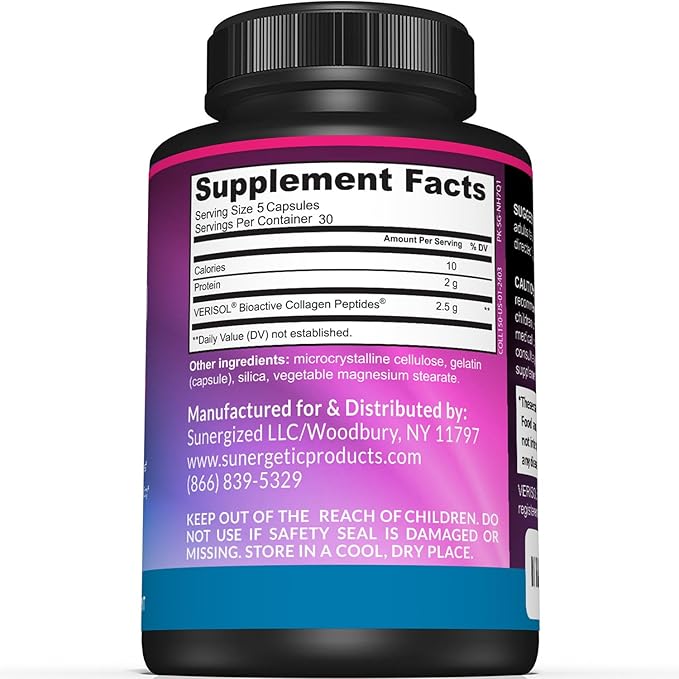 Sunergetic Premium Collagen Peptides Capsules – 2500 mg of VERISOL Collagen Peptides Type 1 & Type 3 – Multi Collagen Supplement to Support Joint Health, Hair, Skin & Nails – 150 Collagen Capsules