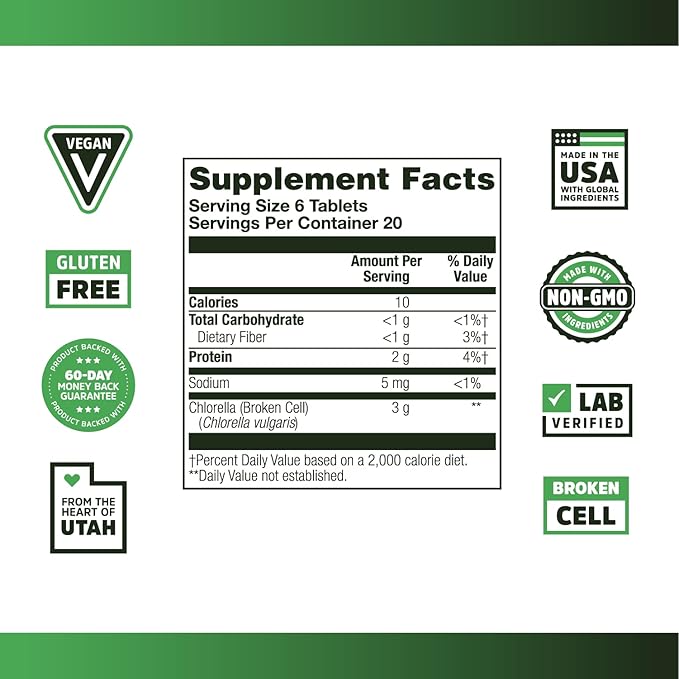 Zhou Nutrition Chlorella Tablets, Algae Superfood, Chlorella Broken Cell, Vegan Supplement, Gluten-Free, 120 Tablets