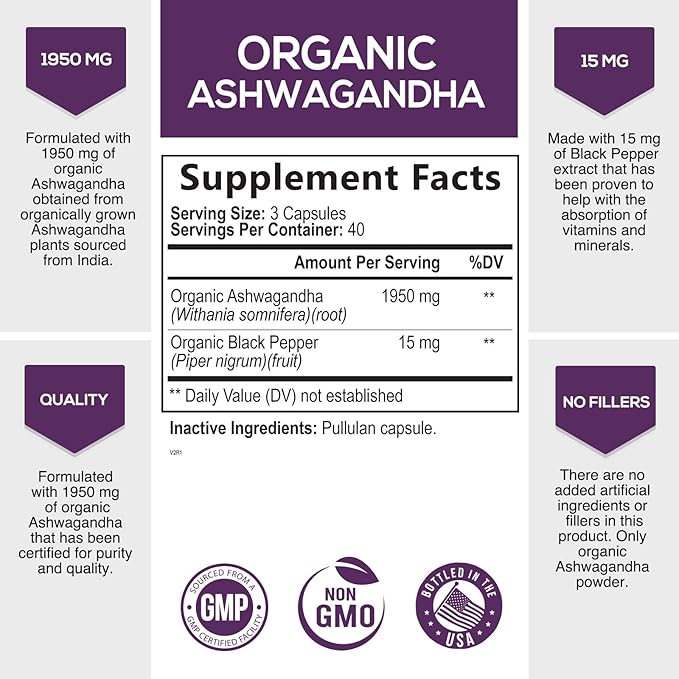Organic Ashwagandha Extra Strength 1950 mg - Ashwagandha Supplements for Women & Men, Antioxidant Support, Nature's Vegan Ashwagandha Powder Organic, Non-GMO & Gluten Free - 120 Capsules