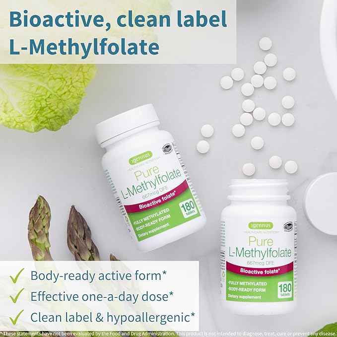 Igennus Pure Methylfolate 667 mcg DFE, Optimized Folate 400 mcg, No Silicon Dioxide, MTHFR Supplement for Women & Men, 180 Small Tablets, Lab Verified, Vegan & Hypoallergenic