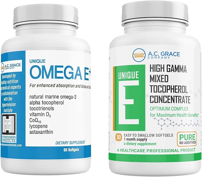 UNIQUE E A.C. Grace Company Mixed Tocopherols Concentrate 30 Softgels and Omega E+ Fish Oil Supplement 60 Softgels