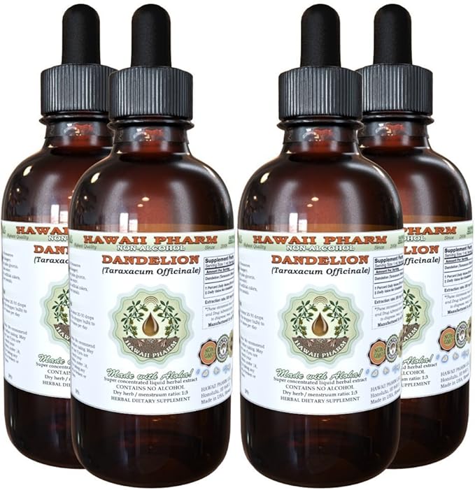 Dandelion Alcohol-Free Liquid Extract, Organic Dandelion (Taraxacum Officinale) Dried Leaf Glycerite Hawaii Pharm Natural Herbal Supplement 4x4 oz