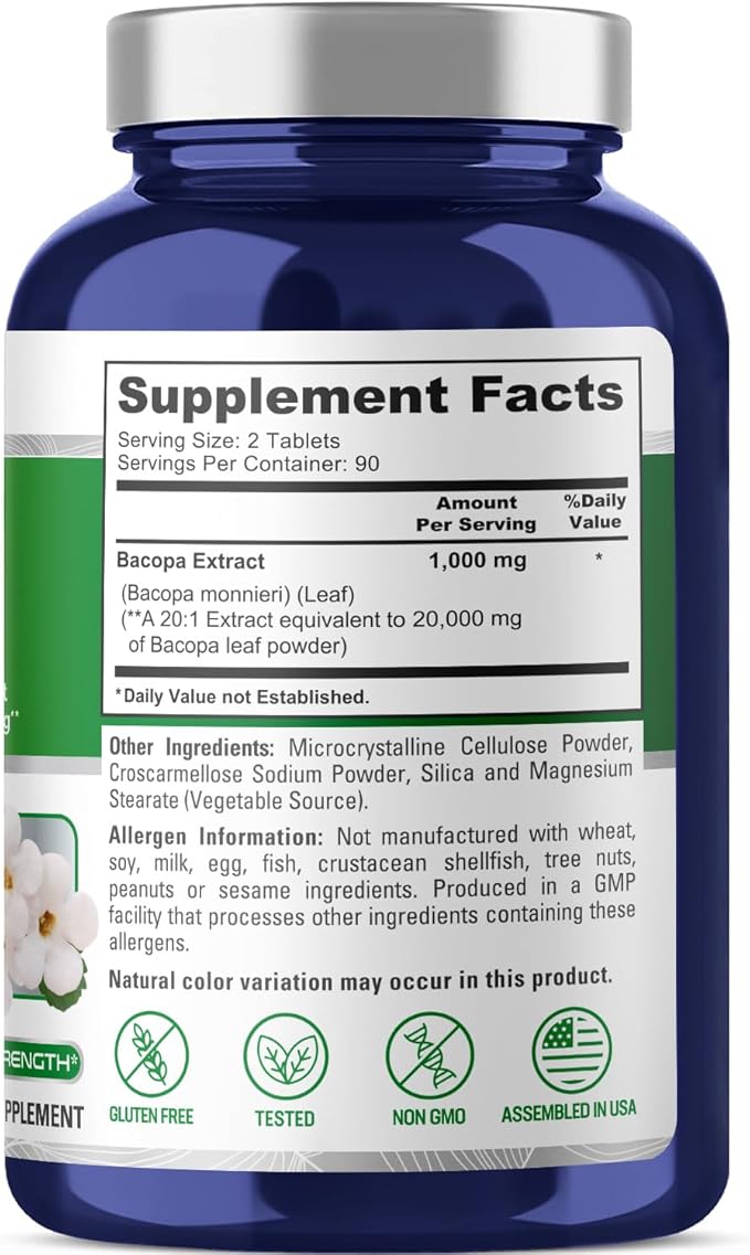 NusaPure Bacopa Leaf Monnieri Extract 20,000 mg 180 Tablets (Extract 20:1, Non-GMO, Gluten Free)
