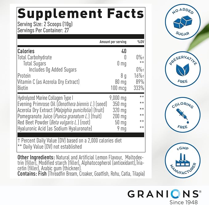 Marine Collagen Supplement Powder - Type I Hydrolyzed Marine Collagen Peptides, Protein, Biotin, Hyaluronic Acid, Vitamin C, Vital Antioxidants, Skin Supplements for Women - Pomegranate 9.7oz