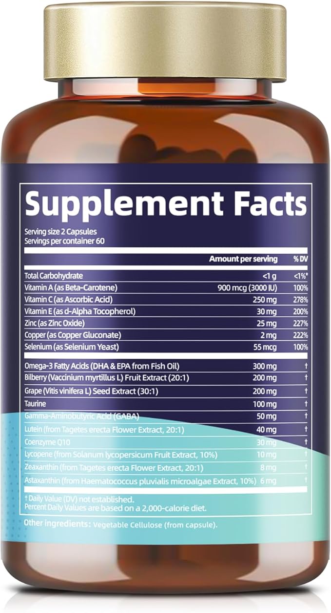 Eye Vitamins Lutein and Zeaxanthin for Adults, AREDS 2 Eye Vitamin and Mineral, Omega-3, Bilberry Extract - Carotenoid Blend, Support Eye Health, Strain, Comfort & Hydration (120 Capsules)