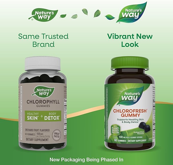 Nature’s Way Chlorofresh Chlorophyll Gummies, Supports Healthy Skin and Body Detox*, Internal Deodorant*, Orchard Fruit Flavored, 60 Gummies (Packaging May Vary)