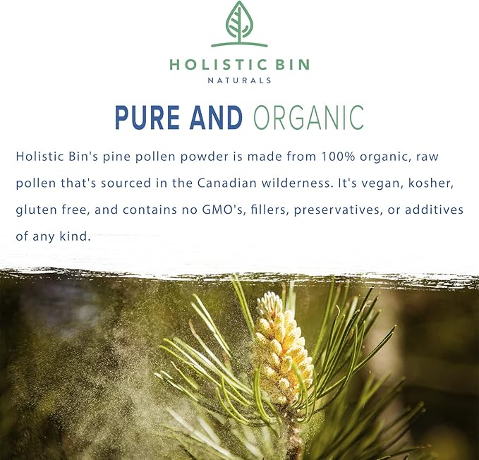 Holistic Bin Organic Pine Pollen Powder Pharmaceutical Grade, Wild Harvested, Golden Canadian Pine Pollen | Non GMO, No Additives | Pure Pollen Supplement Made from The Lodgepole Pine Tree, 20 g