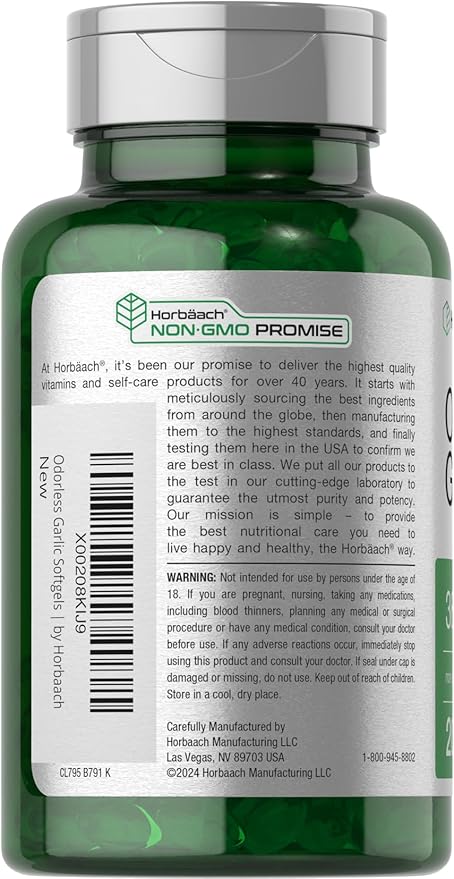 Horbäach Odorless Garlic Softgels 3600 mg | 200 Count | Ultra Potent Garlic Extract | Non-GMO & Gluten Free Supplement