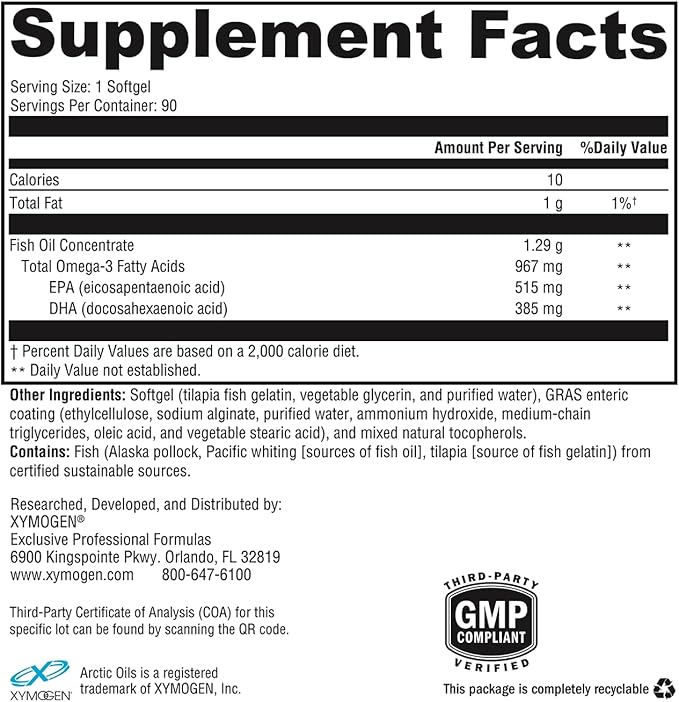 XYMOGEN OmegaPure 900 EC - Alaskan IFOS Five-Star Certified Omega 3 Fish Oil - EPA DHA Fish Oil Supplement- Supports Cardiovascular and Brain Health (90 Enteric-Coated Softgels)