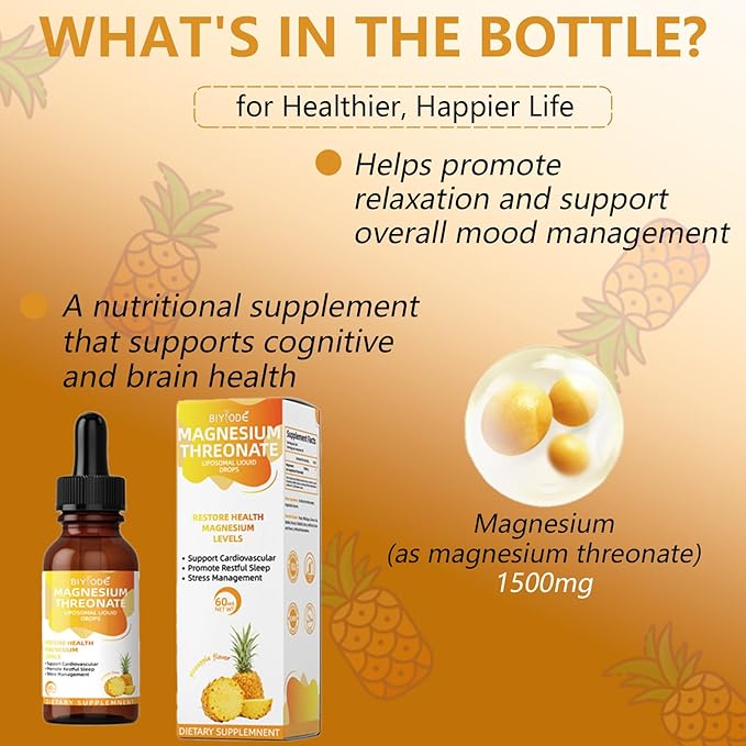 Magnesium L-Threonate Liquid Drops Restore Health Magnesium Levels Support Cardiovascular Promote Restful Sleep Relax Pineapple Flavor 60ml