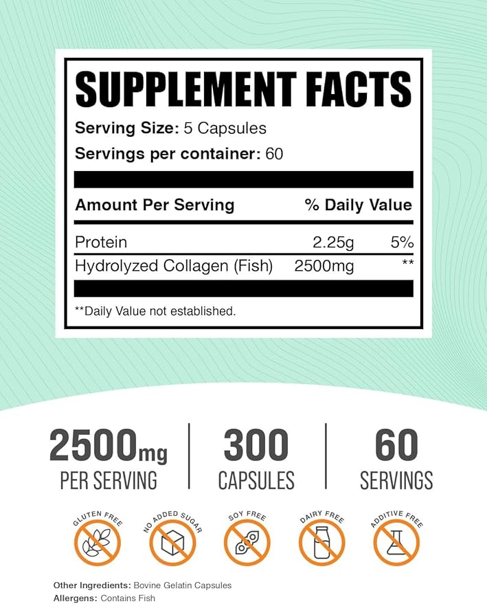 BulkSupplements.com Marine Collagen Capsules - Fish Collagen Supplement, Collagen for Women & Men - Hydrolyzed Collagen, Gluten Free, 5 Capsules per Serving, 300 Capsules (Pack of 1)