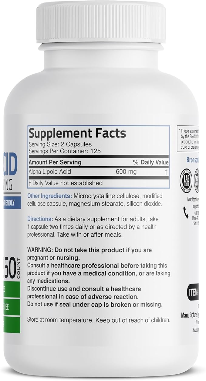 Bronson Alpha Lipoic Acid 600 MG Free Radical Scavenger Supports Health - Non-GMO, 250 Vegetarian Capsules (125 Servings)