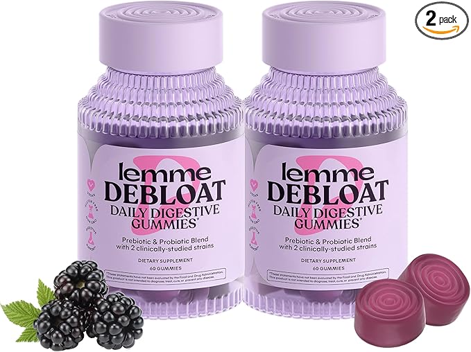 Lemme Debloat - Digestive & Gut Health Gummies with 2 Clinically Studied Probiotics & Prebiotic, 3 Billion CFUs - Vegetarian, Gluten Free, Non GMO, BlackBerry Flavor (60 Count) (Pack of 2)