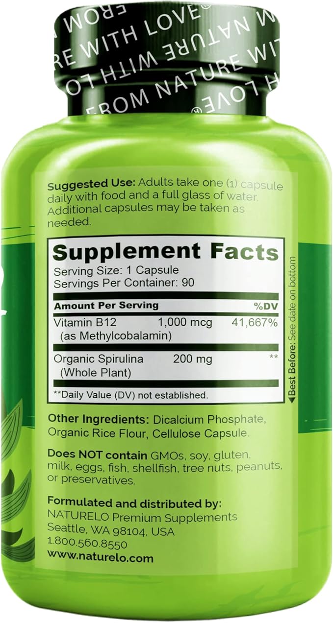 NATURELO Vegan B12 - Methyl B12 with Organic Spirulina - High Potency Vitamin B12 1000 mcg Methylcobalamin - Supports Healthy Mood, Energy, Heart & Eye Health - 90 Capsules (Pack of 2)