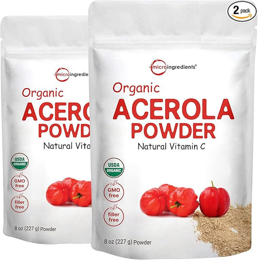 2 Pack of Pure USDA Organic Acerola Cherry Powder, Natural and Organic Vitamin C for Immune System, 8 Ounce, No GMO, No Gluten, Brazil Origin