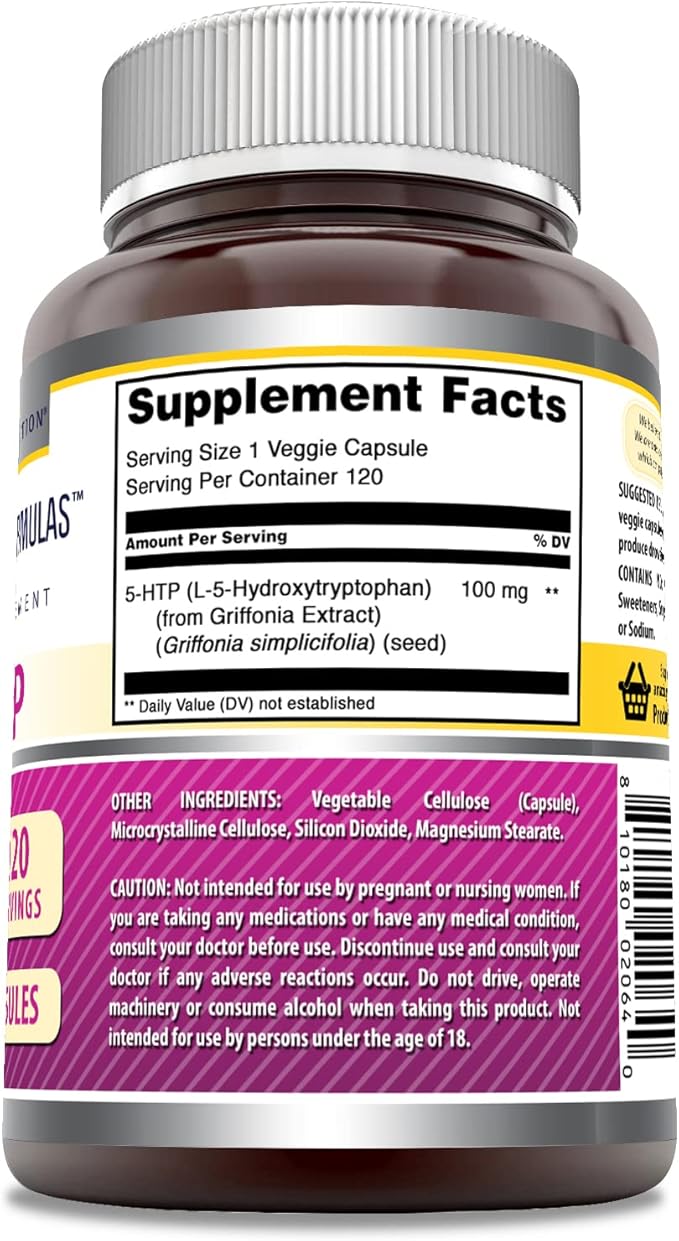 Amazing Formulas 5-HTP (Hydroxytryptophan) Supplement | 100 Mg Per Serving | Veggie Capsules | Non-GMO | Gluten Free | Made in USA (1 Pack, 120 Count)